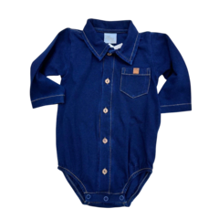 Body Anjos Baby:  cor azul jeans de manga longa com botões frontais e bolso.
