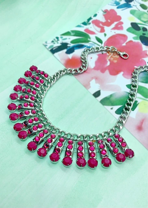 Collar plateado de strass fucsia NICOLE