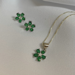 Conjunto Flor Verde em Prata 925