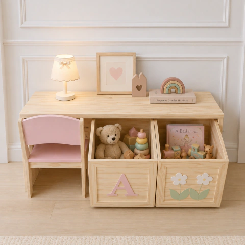 Bancada com 2 caixotes organizadores de brinquedos e Cadeirinha flor e letra