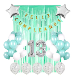 Combo Deco Feliz Cumple Pastel Cortina Banderin Globos Rosa Celeste Verde Lila