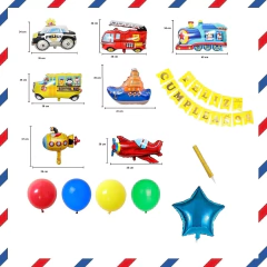 Kit Globos Metalizados Vehiculos Latex Banderin Feliz Cumple - comprar online