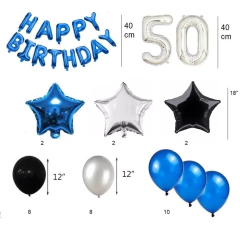 Combo Globos Feliz Cumple Happy Birthdat Azul Blanco Negro en internet