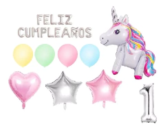 Combo Cartel Globos Feliz Cumple Unicornio Caminante 3 D - comprar online