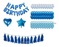 Set Cartel Globos Feliz Cumpleaños Azul Borlas Confeti - comprar online