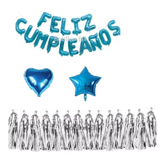 Set Feliz Cumpleaños Azul Plateado Estrella Confeti Borlas - comprar online