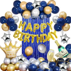 Combo Cumple Azul Dorado Cortina Globos Confetti Corona - comprar online
