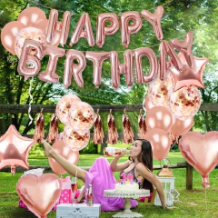 Set Feliz Cumpleaños Rosa Gold Estrella Confeti Borlas en internet
