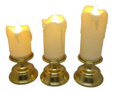 Set 3 Velas Led Luminosas Con Candelabro Dorado Luz Calida - comprar online