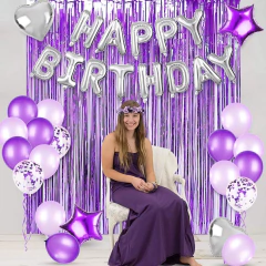 Combo Deco Violeta Lila Globos Feliz Cumple Cortina Corazon en internet