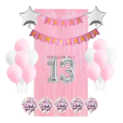 Combo Deco Feliz Cumple Pastel Cortina Banderin Globos Rosa Celeste Verde Lila - Cotillon Eli