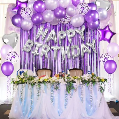 Combo Deco Violeta Lila Globos Feliz Cumple Cortina Corazon - Cotillon Eli