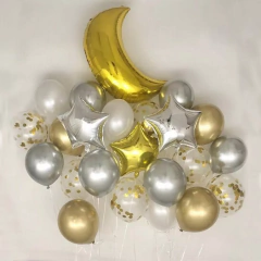 Set Deco Globos Luna Dorada Estrellas Confeti Chrome Latex - Cotillon Eli