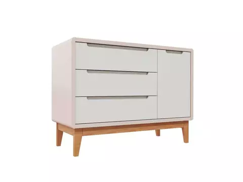 Cômoda Bo com porta (cores) (Rosa Old/gavetas e portas brancas/pés jequitibá)