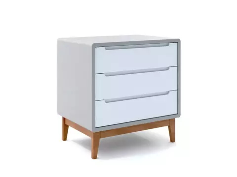 Cômoda Bo - 3 gavetas (cores) (Cinza/gavetas brancas/pés jequitibá)