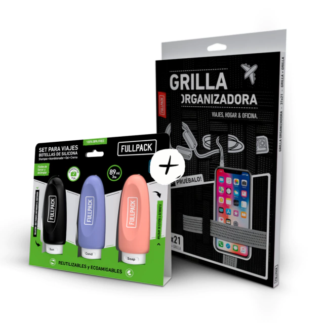 Kit Organizador de Viaje Grande Doble + 3 Botellas Silicona Fullpack