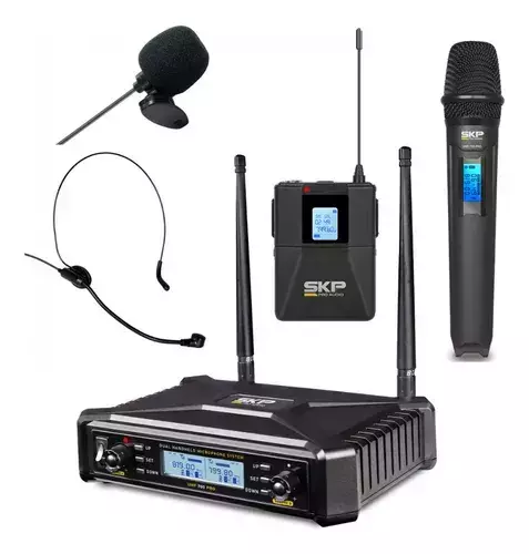 SISTEMA MICROFONE E BODY PACK SEM FIO DUPLO SKP UHF 400-D