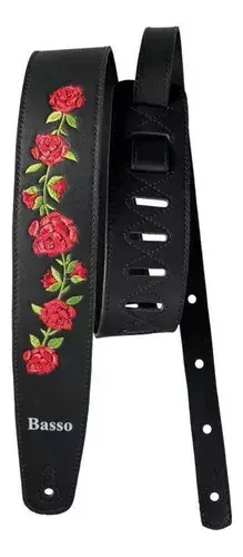 ALÇA CORREIA DE COURO PRETO BORDADO FLORAL PARA INSTRUMENTO DE CORDA BASSO VT FL 01
