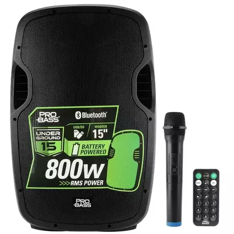 CAIXA DE SOM ATIVA PRO BASS UNDERGROUND 15 COM BATERIA E MICROFONE SEM FIO