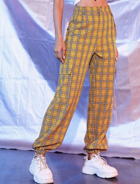 Calça Cargo Xadrez Amarela com Corrente