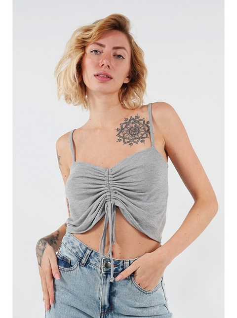 Top Cropped Cinza Mescla – Alça Fina e Franzido Frontal Ajustável - comprar online