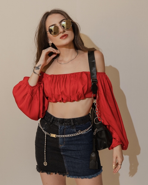 Cropped Manga Longa Vermelho Acetinado