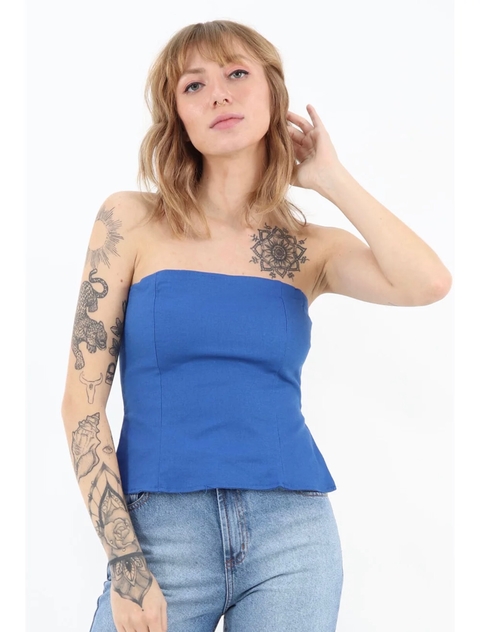 Blusa Tomara que Caia Azul – Linho, Cintura Ajustada e Zíper Lateral