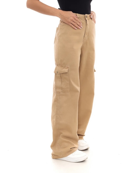 Calça Cargo Feminina Wide Leg Sarja Caqui
