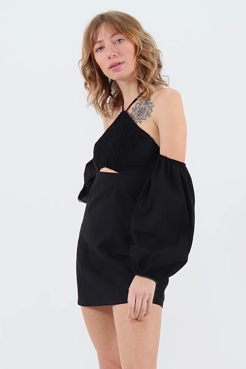 Vestido Curto Tubinho Preto - Manga Longa Bufante Removível