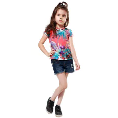 T-Shirt Menina Floral Fundo Vermelho - Isabb