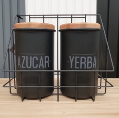 Imagen de Set Azucar Yerba Colgante Tarro Lata Madera Deco Kit Cocina Negro