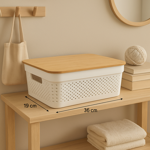 Caja Organizadora Blanca con Tapa de Bambú 36 × 26,5 × 14 cm | Orden Hogar - comprar online