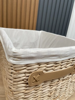 Canastos Junco Rectangular Manijas Cuero Interior Tela 33 x 25 cm en internet