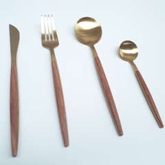 Set Cubiertos 16 Piezas Dorado Mango Símil Madera Lujo Dorado - tienda online