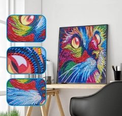 (1687) Pintura com Diamante - Gato Colorido 2 - 25x25 cm - Pedras Especiais - comprar online