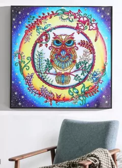 (1770) Pintura com Diamante - Coruja 14 - 30x30 cm - Pedras Especiais - Mundo dos QCS