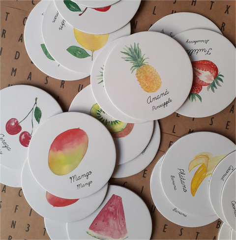 Memotest frutas. Castellano + ingles. Ilustraciones Cristina Lienau. Juegos montessori. The Mix