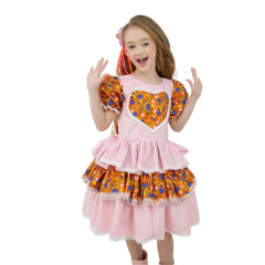 Imagem do Vestido Caipira Junino Rosa com Estampa 2 a 12 Anos