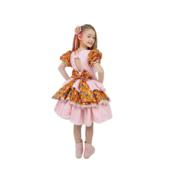 Vestido Caipira Junino Rosa com Estampa 2 a 12 Anos - Kimimo Kids