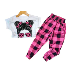 Conjunto mini diva cropeed + calça xadrez rosa - loja online