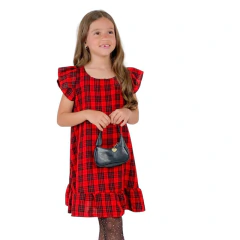 Vestido trapezio manguinha xadrez simples vermelho - comprar online