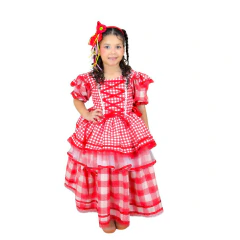 Vestido Festa junina Luxo caipira Xadrez vermelho trançado - loja online