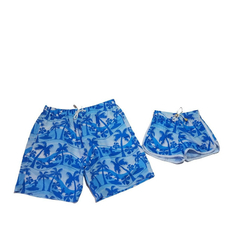 Kit short pai e filha(o) azul surf folhas - Kimimo Kids
