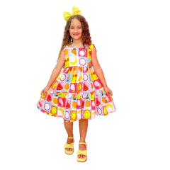 Vestido frutas frutinhas amarelo com babado