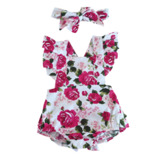 Romper bebê Jardineira floral rosa babado