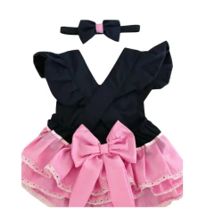 Romper bebê Jardineira preto com rosa e renda branca - comprar online