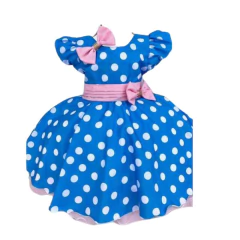 Vestido Luxo Azul e rosa bolinhas brancas poá na internet