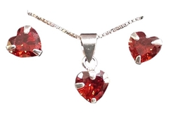 Conjunto Coração Pedra Vermelha Prata 925 c/Caixa - CJPR0030 - facejoias.com.br
