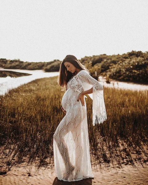 Vestido Aloha - longo com mangas em renda de algodão com decote v frente e costas.