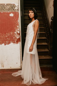 VESTIDO GINGER - vestido duas peças com tubinho silhueta A em micro paetê, com vetido em tule com aplicações de cristais svarowski aplicados. - loja online